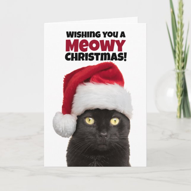 Meowy (Merry) Christmas Cute Black Cat Holiday Card (Front)