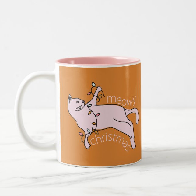Meowy Merry Christmas Pink Cat Lights Two-Tone Coffee Mug (Left)