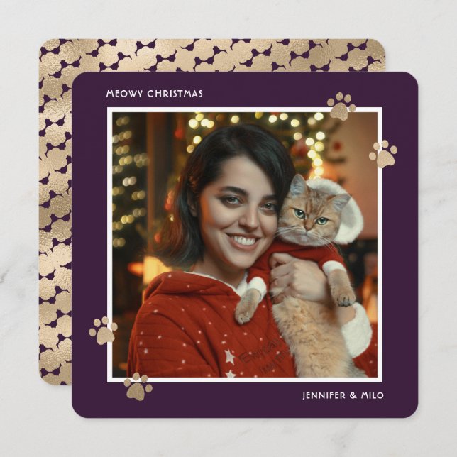  Meowy Purple Gold Cat Owner Modern Photo Holiday Card (Front/Back)