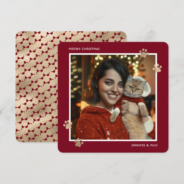 Meowy Red Gold Cat Owner Photo Christmas Card (Front/Back)