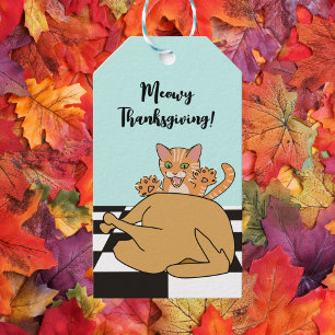 Meowy Thanksgiving Funny Cat Turkey Cartoon Gift Tags