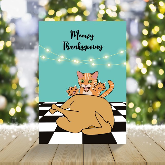 Meowy Thanksgiving Funny Cat Turkey Cartoon  Holiday Card (Creator Uploaded)