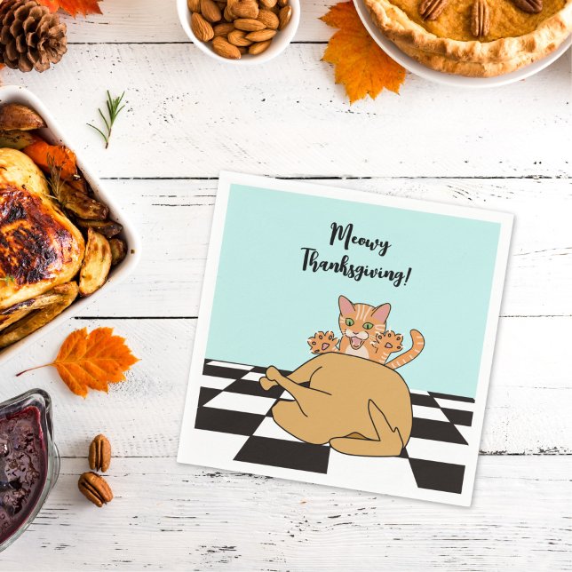 Meowy Thanksgiving Funny Cat Turkey Cartoon  Napkin (Creator Uploaded)