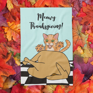 Meowy Thanksgiving Funny Cat Turkey Cartoon Tea Towel