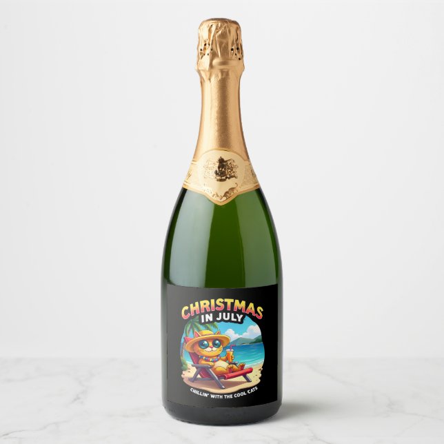 Meowy Xmas Summer Christmas In July Chillin Cool C Sparkling Wine Label (Front)