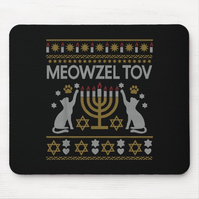 Meowzel Tov Cat Hanukkah 2025 Funny Ugly Christmas Mouse Mat (Front)