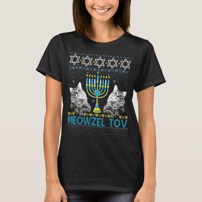 Meowzel Tov Chanukah Jewish Cat Owner Ugly Hanukka T-Shirt (Front)