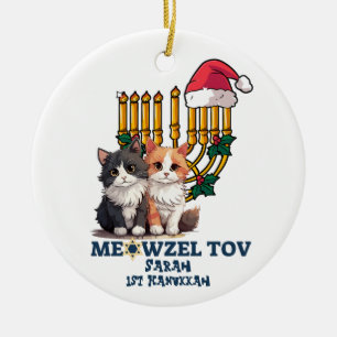 Meowzel Tov Cute Happy Hanukkah Ceramic Tree Decoration
