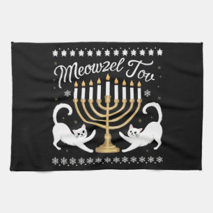 Meowzel Tov Funny Chanukah Hanukkah Ugly Sweater Tea Towel