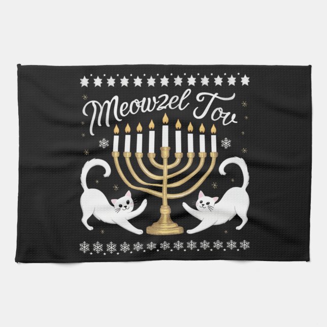 Meowzel Tov Funny Chanukah Hanukkah Ugly Sweater Tea Towel (Horizontal)