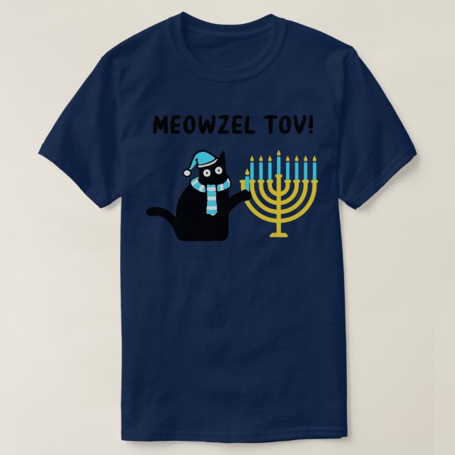 Meowzel Tov Gift Black Cat Mazel Tov Menorah Funny T-Shirt (Design Front)