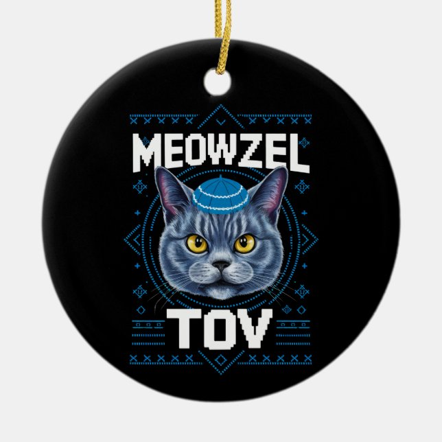 Meowzel Tov Hanukkah Jewish Cat Holiday Ceramic Tree Decoration (Front)