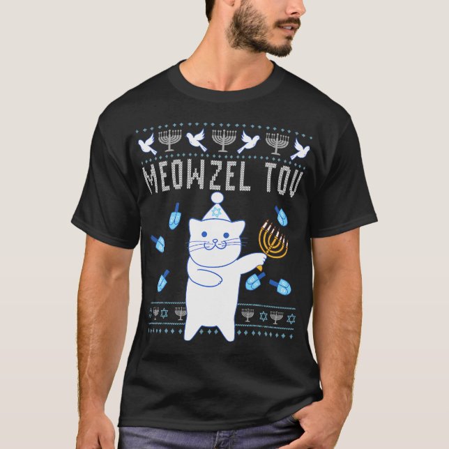 Meowzel Tov Jewish Christmas Cat Funny Ugly T-Shirt (Front)