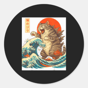Meowzilla Catzilla Cat Japanese Art Funny For Men  Classic Round Sticker