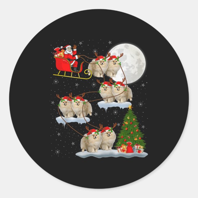 Meranian Dog Santa Sleigh Flying Funny Magical Chr Classic Round Sticker (Front)
