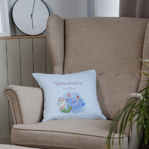 Mercat cat mermaid light blue nursery custom name cushion