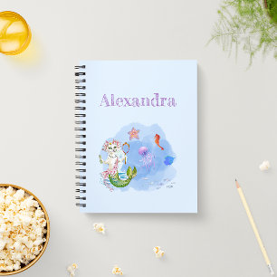 Mercat light blue mermaid cat custom name notebook