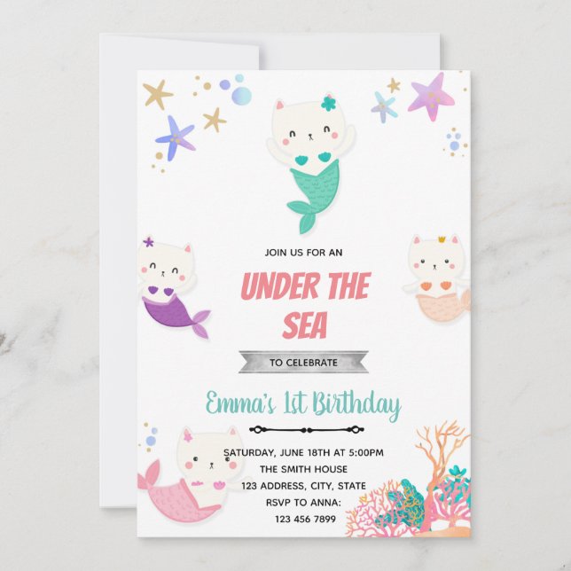 Mercat under the sea birthday invitation (Front)