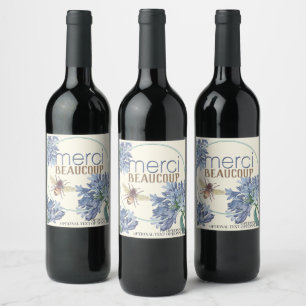 Merci Beaucoup Blue Flower Bee Thank You Custom Wine Label