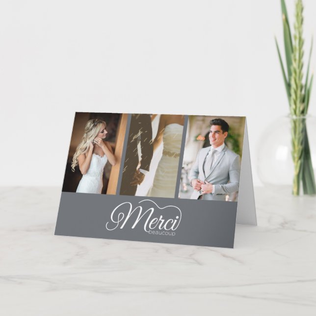 Merci Beaucoup Gray Photo Hand Lettered Wedding Thank You Card (Front)