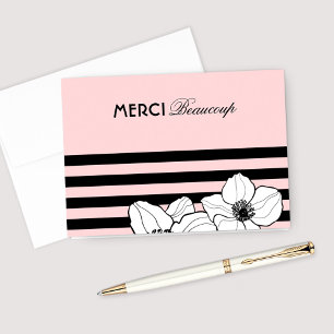 Merci Beaucoup Pink Black French Anemone Flowers Thank You Card