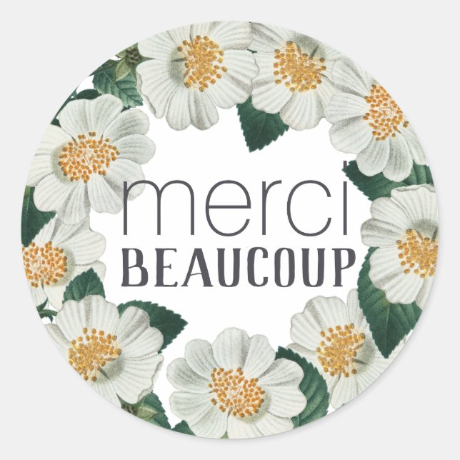 Merci Beaucoup Thank You Floral White Rose Classic Round Sticker (Front)