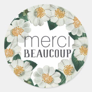 Merci Beaucoup Thank You Floral White Rose Classic Round Sticker