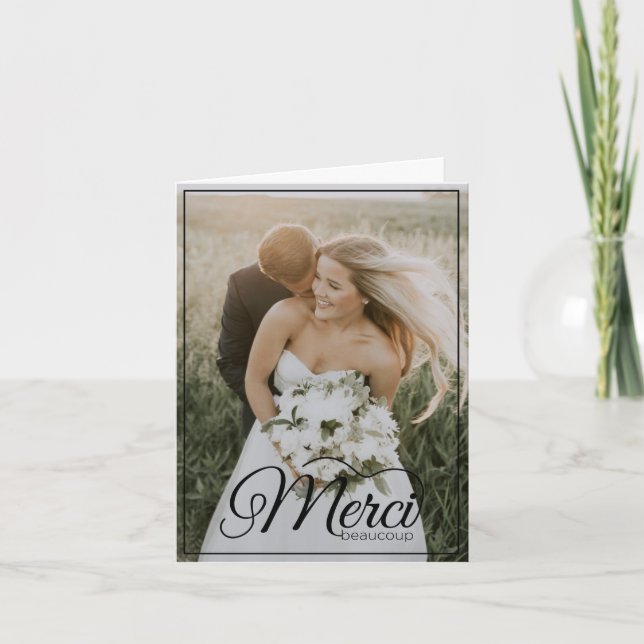 Merci Beaucoup Vertical Two Photo Wedding Blank Thank You Card (Front)