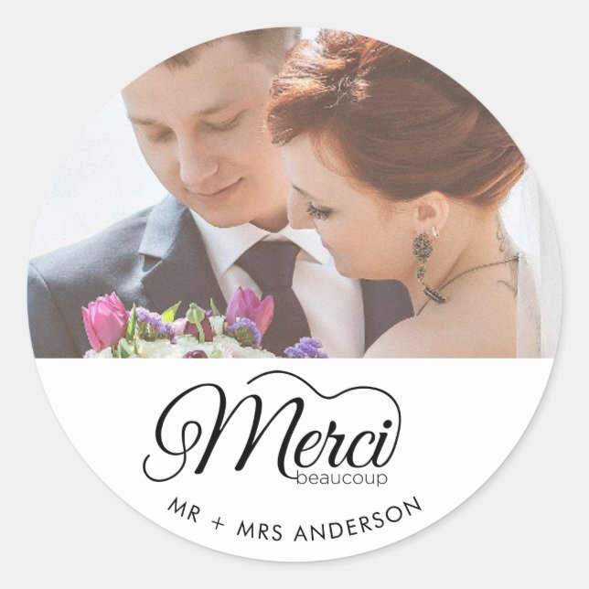 Merci Beaucoup Wedding Day Photo  Classic Round Sticker (Front)