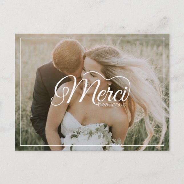 Merci Beaucoup White Script Modern Photo Wedding Postcard (Front)