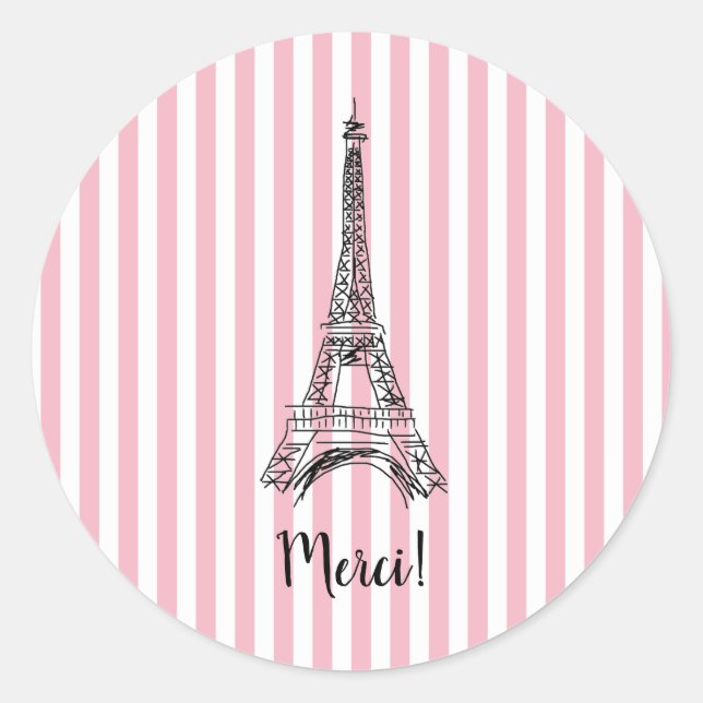 Merci Eiffel Tower Paris Pink Stripe Classic Round Sticker (Front)