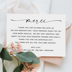 Merci. Elegant minimalist script photo wedding Thank You Card
