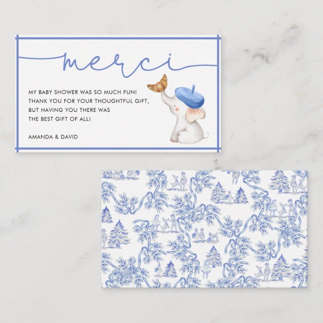 Merci French Blue Boy Baby Shower Thank Yo Enclosure Card (Front/Back)
