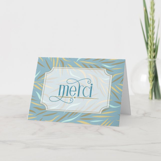 Merci French Earthy Blue Botanical Thank You Card (Front)