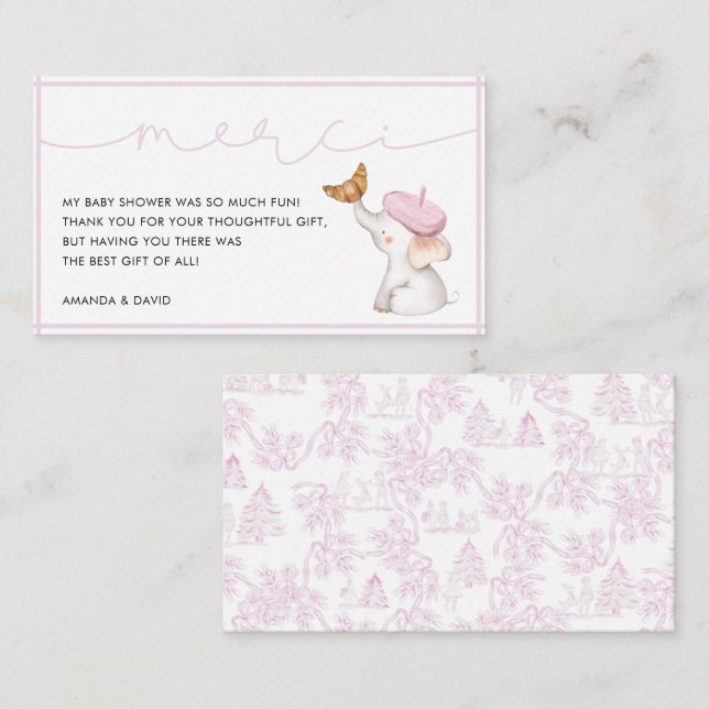 Merci French Pink Girl Baby Shower Thank You  Enclosure Card (Front/Back)