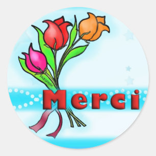 MERCI  French Thank You cartoon flowers stickers