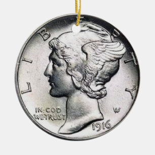Mercury Dime Money Ornament. Ceramic Tree Decoration