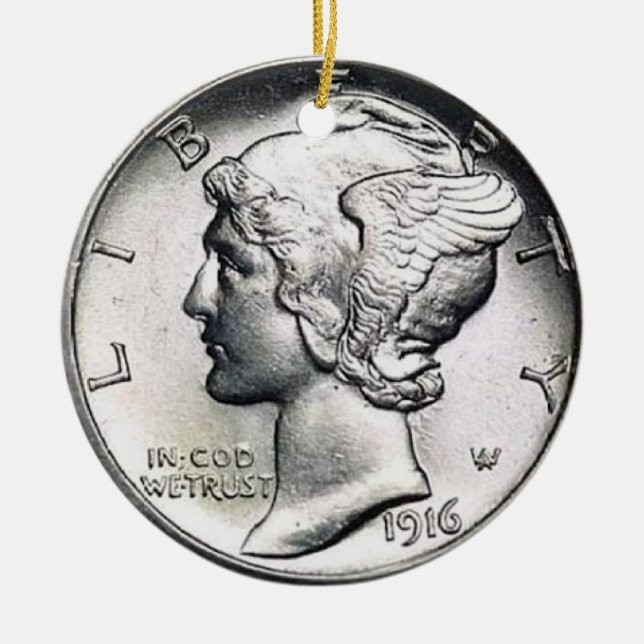 Mercury Dime Money Ornament. Ceramic Tree Decoration (Front)