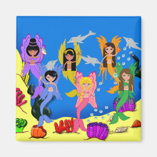 Merfairies in Ocean with Dolphins Square Magnet