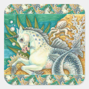 MERHORSE & WHITE OCTOPUS, FANTASY UNICORN HORSE SQUARE STICKER