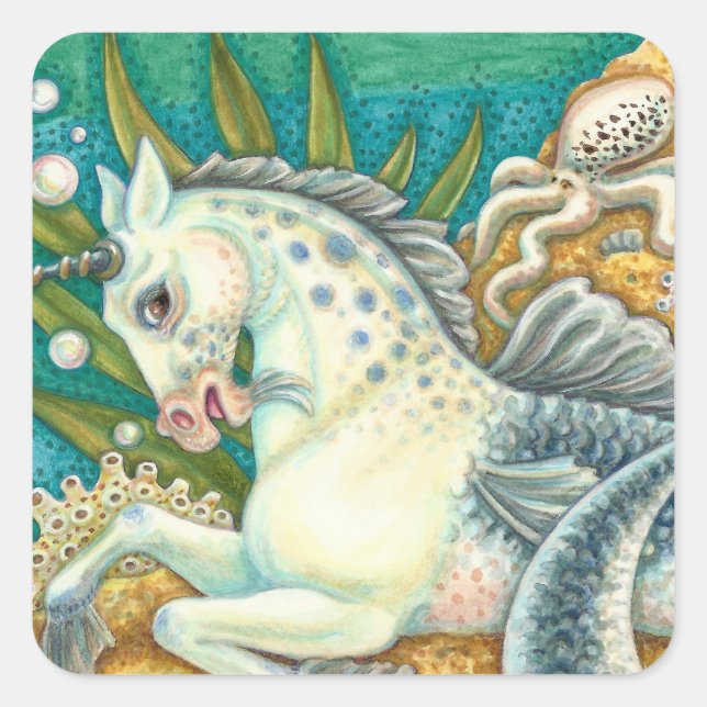 MERHORSE & WHITE OCTOPUS, FANTASY UNICORN HORSE SQUARE STICKER (Front)