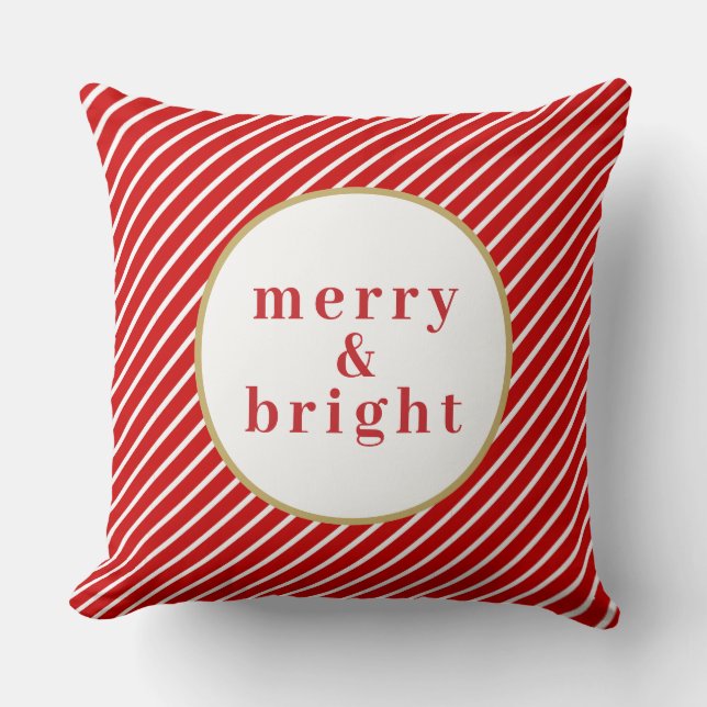 MERI Cute Festive Red White Stripes Merry & Bright Cushion (Front)