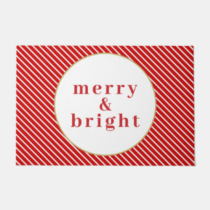MERI Cute Festive Red White Stripes Merry & Bright Doormat