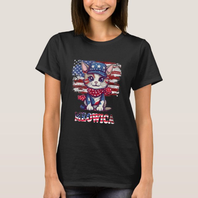 Merica 4th of July Meowica Kitty Cat American Flag T-Shirt (Front)