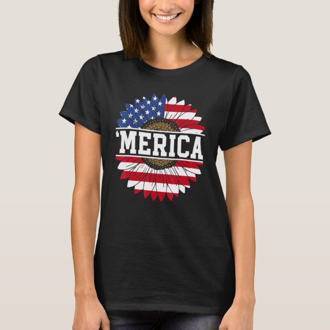 Merica 4th Of July Sunflower Us Patriotic American T-Shirt (Front)
