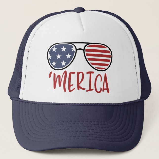 Merica 4th of July Sunglasses Summer Trucker Hat (Front)