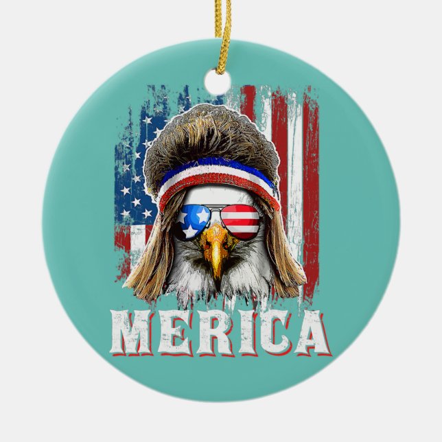 Merica Bald Eagle USA American Flag Patriotic 4th Ceramic Tree Decoration (Front)