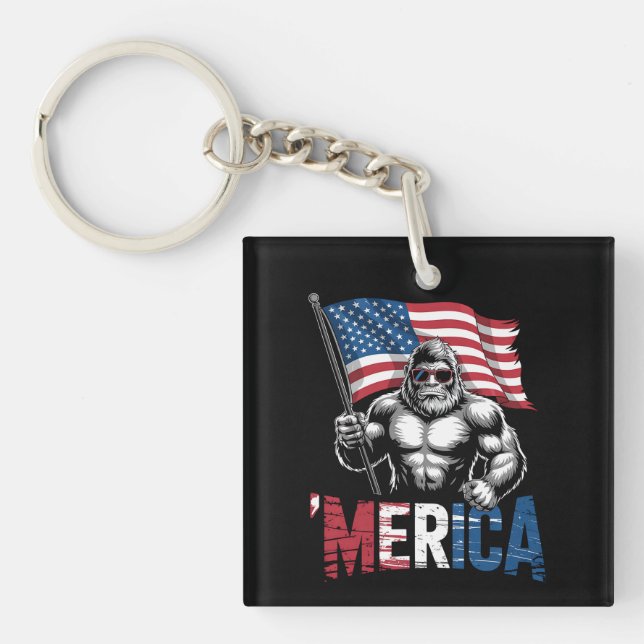 Merica Bigfoot American Flag Patriotic 4th Of July Key Ring (Front)