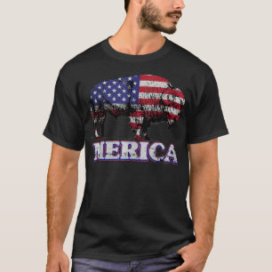 Merica Bison Buffalo 4th of July American Flag  T-Shirt