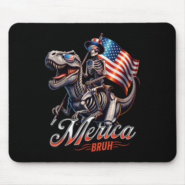 Merica Bruh Patriotic Skeleton Dinosaur T Rex 4th  Mouse Mat (Front)